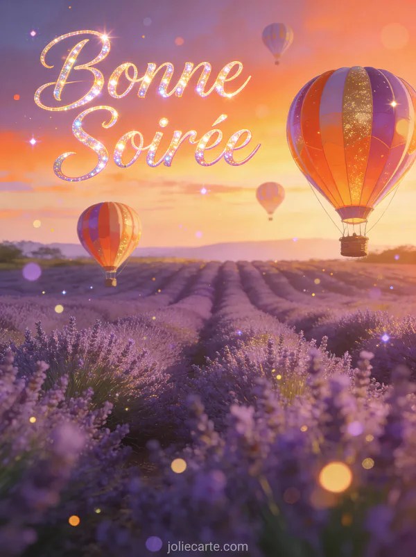 Bonne soirée images gif avec montgolfières colorées flottant sur lavande au crépuscule