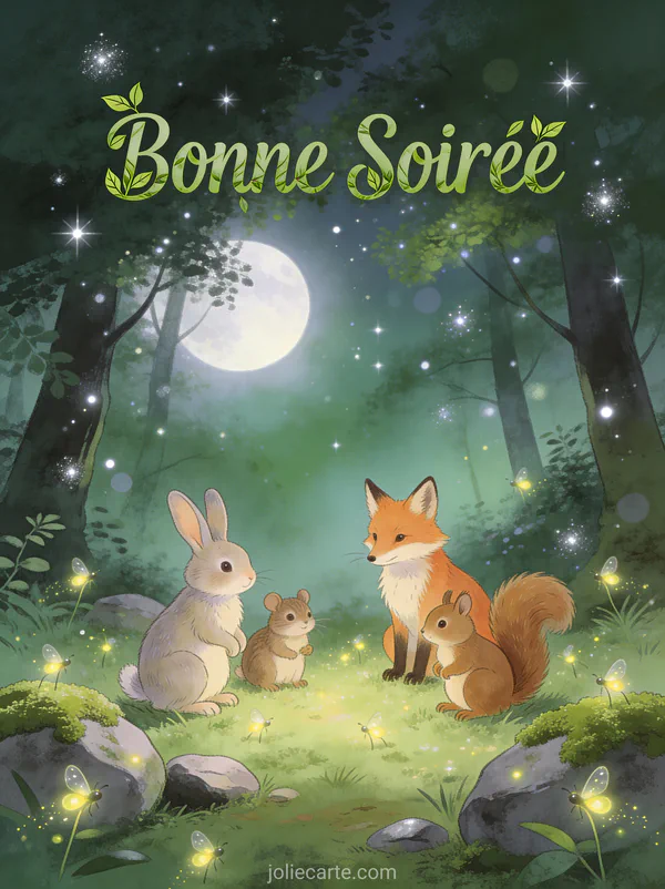 Carte bonne soirée animaux avec créatures forêt réunies dans clairière au clair de lune