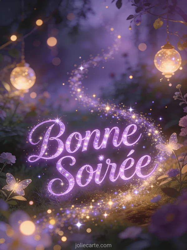 Gif animé bonne soirée avec jardin enchanté lumières féeriques et particules scintillantes