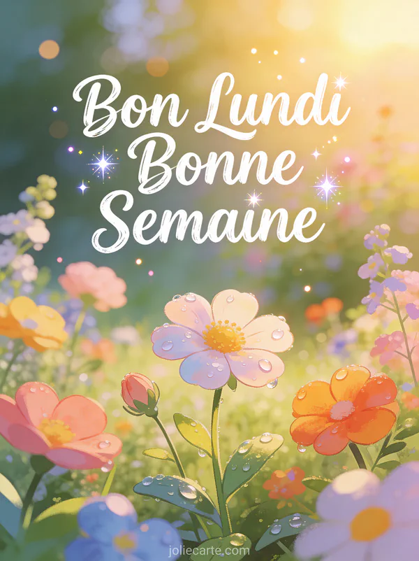 Image bon lundi bonne semaine avec fleurs printanières dans un jardin au lever du jour