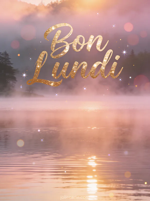 Image bon lundi avec lac paisible au lever du soleil et brume matinale