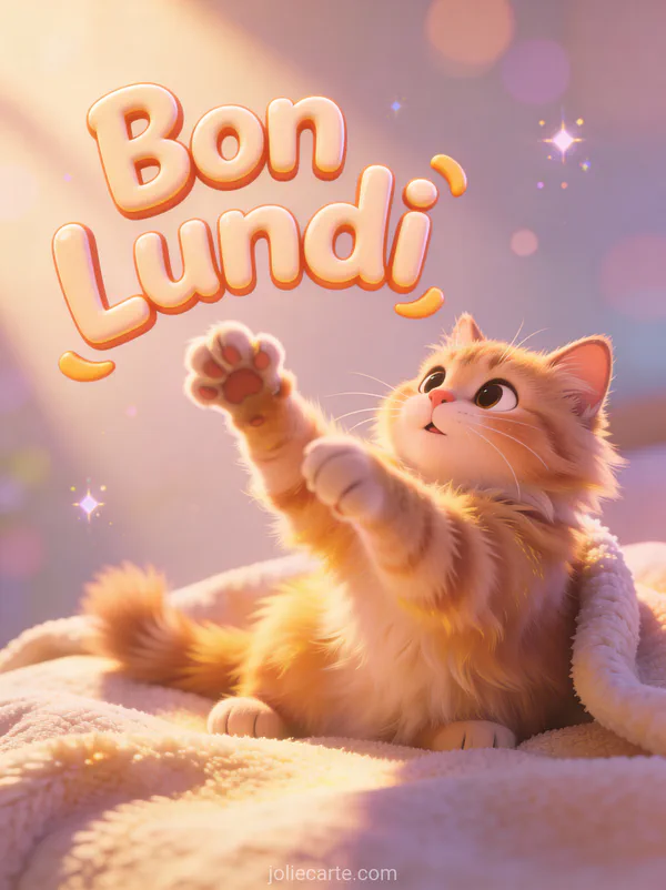 Image animée bon lundi avec chat mignon qui s'étire dans un rayon de soleil