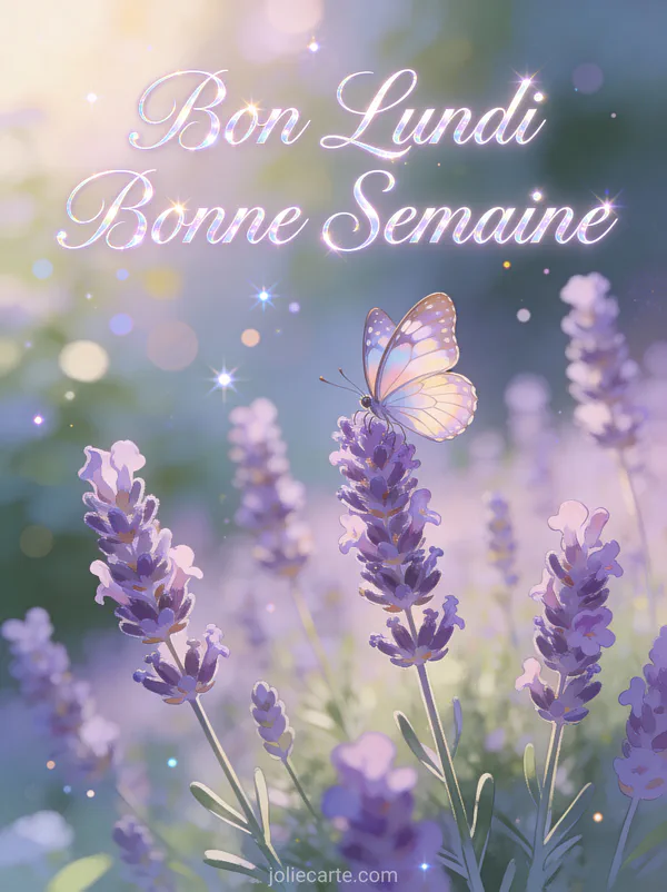Image bon lundi bonne semaine avec papillon sur fleurs de lavande dans un jardin
