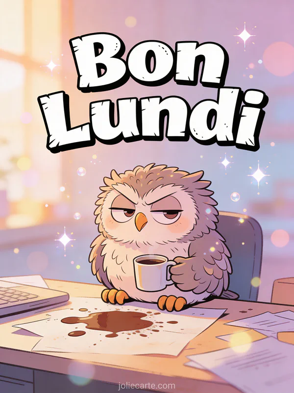 Image bon lundi humour avec hibou grognon tenant une tasse de café