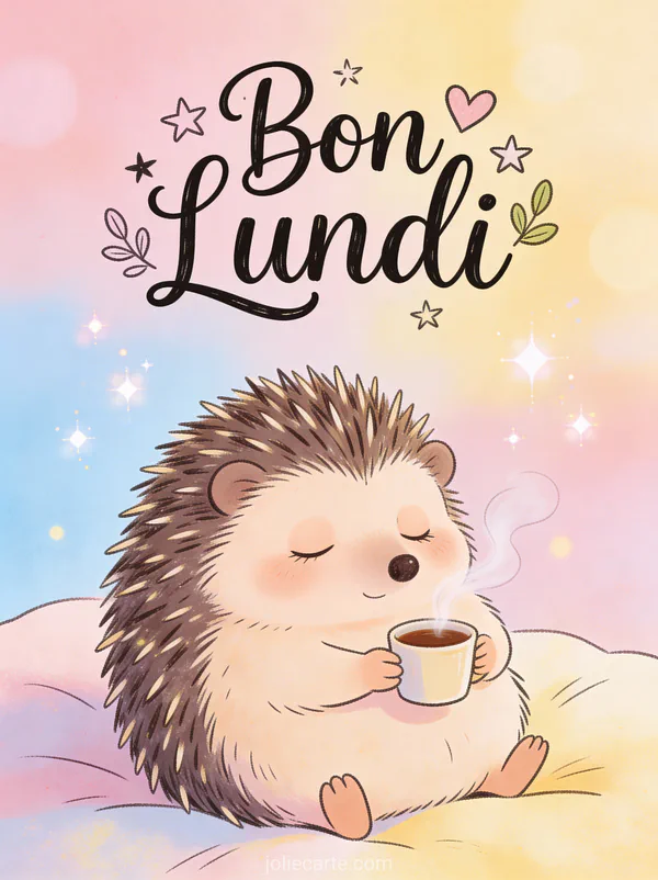 Image bon lundi humour avec hérisson mignon tenant une petite tasse de café