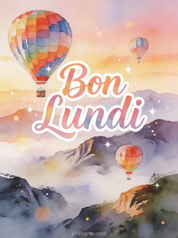 Image bon lundi avec montgolfières colorées au-dessus de montagnes brumeuses à l'aube