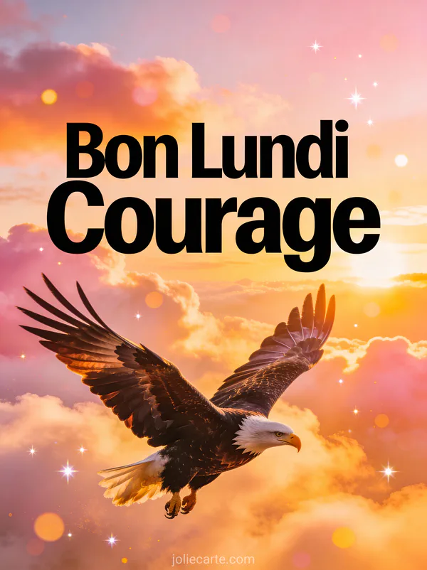 Image courage bon lundi avec aigle majestueux planant au-dessus des nuages au lever du soleil