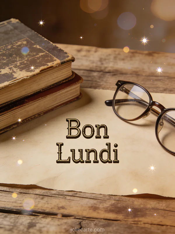 Image bon lundi citation avec vieux livres et lunettes sur table en bois rustique