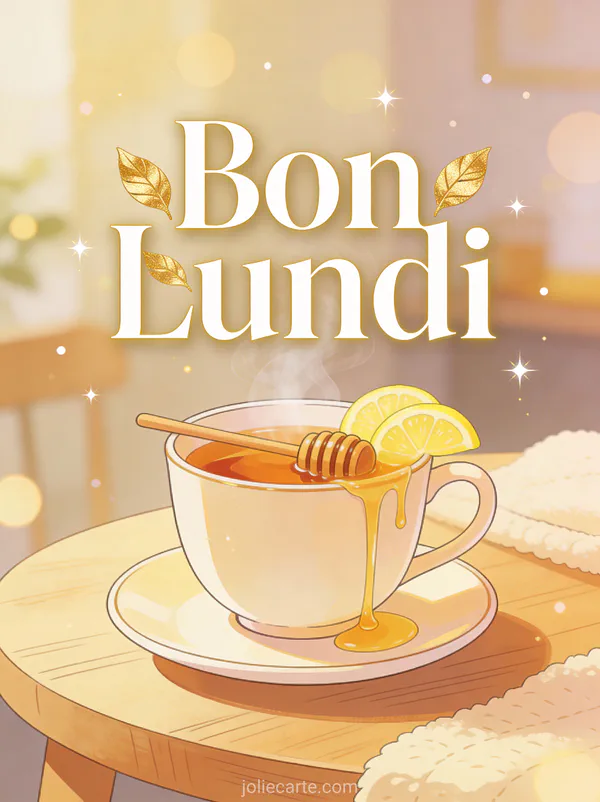 Image bon lundi avec tasse de thé fumante et tranches de citron sur plateau cosy