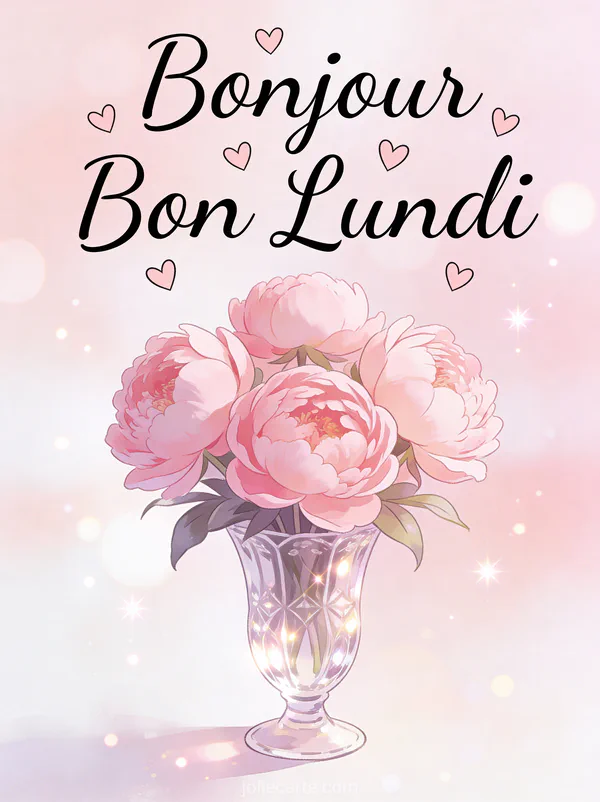 Image bonjour bon lundi bisous avec pivoines roses dans un vase en cristal