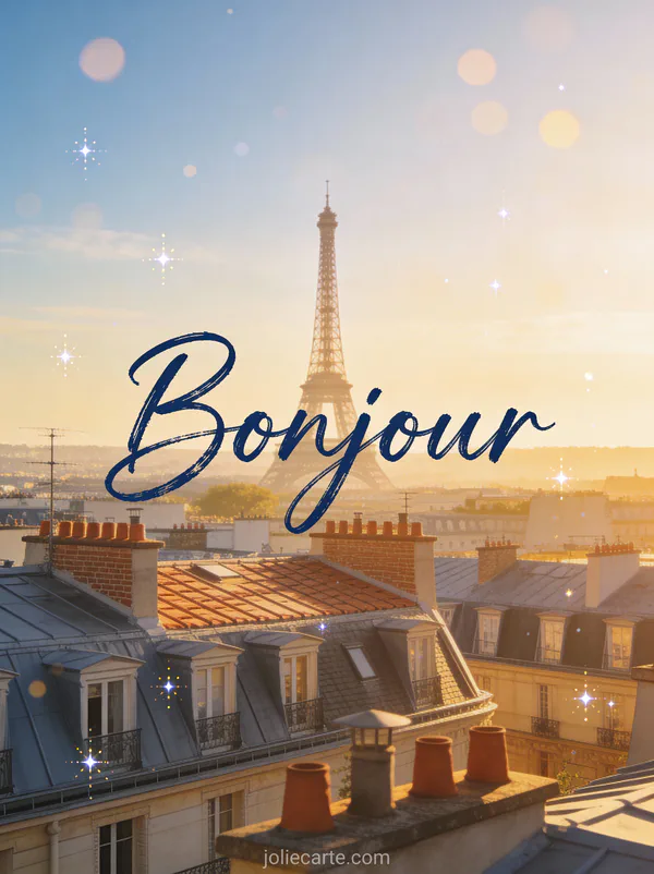 Image bonjour du lundi avec toits parisiens à l'heure dorée