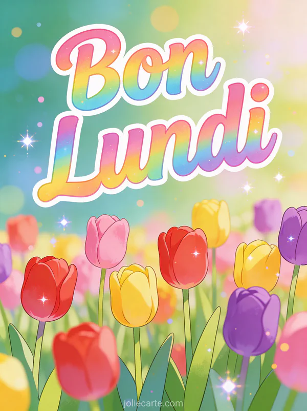 Image bon lundi avec tulipes colorées dans un jardin en fleurs au printemps