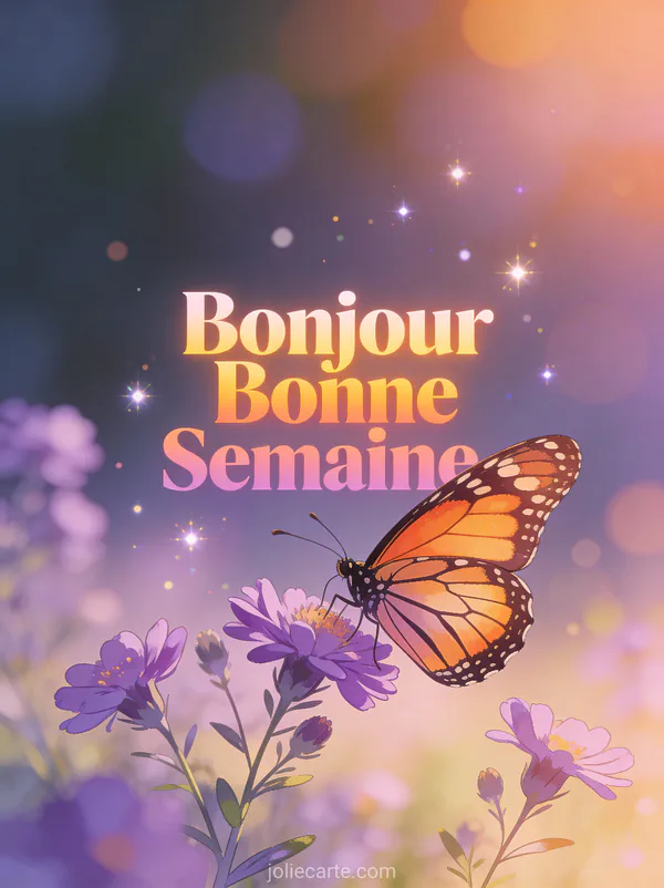 Image bonjour lundi bonne semaine avec papillon monarque sur fleurs sauvages violettes