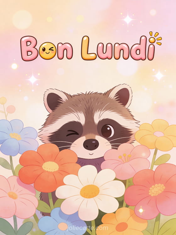 Image bon lundi humour avec raton laveur mignon derrière des fleurs
