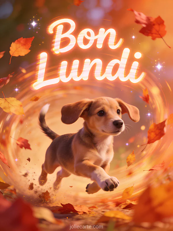 Image animée bon lundi avec chiot courant dans les feuilles d'automne