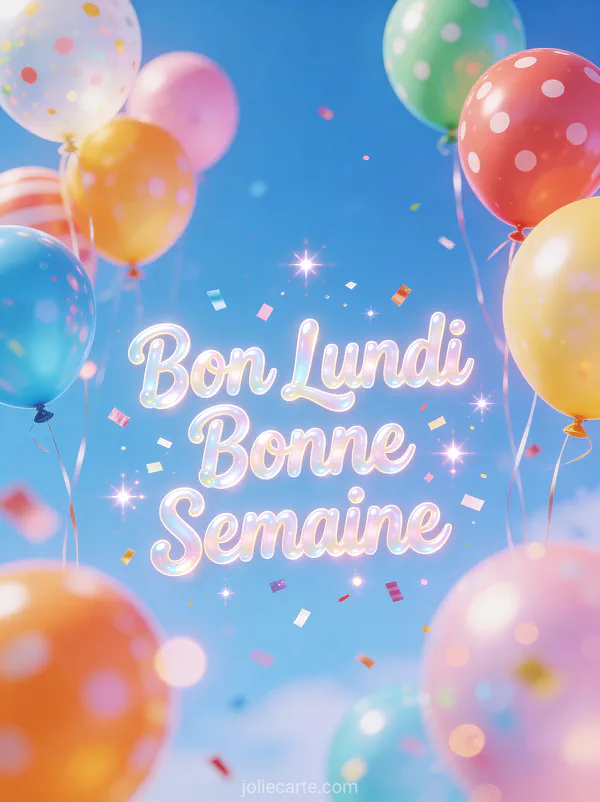 Image bon lundi bonne semaine avec ballons colorés dans un ciel bleu d'été