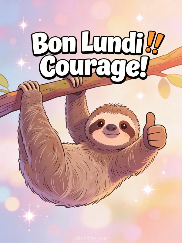 Image courage bon lundi humour avec paresseux mignon levant le pouce sur une branche