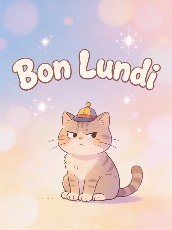 Image bon lundi humour avec chat grognon portant un petit chapeau