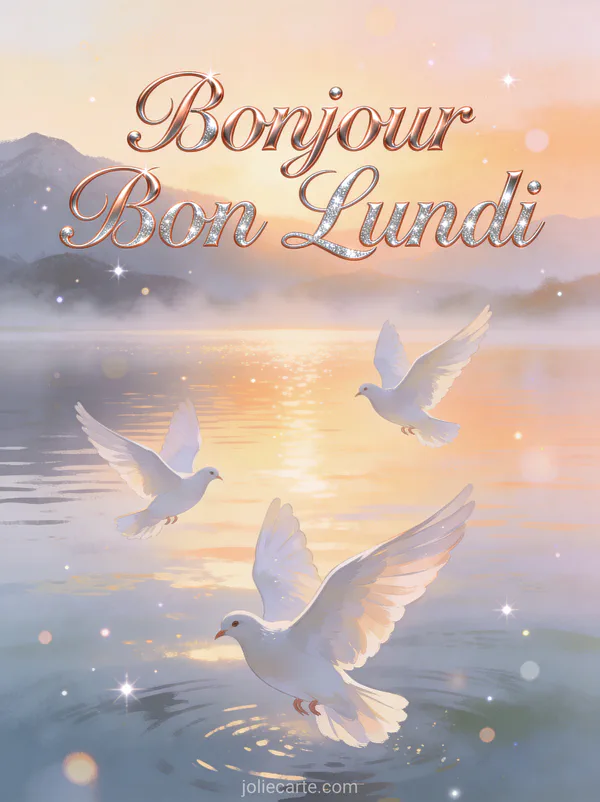 Image bonjour et bon lundi avec colombes blanches survolant un lac paisible à l'aube