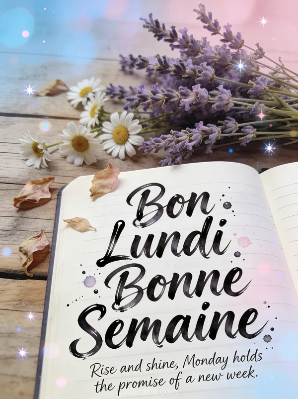 Image bon lundi citation avec journal ouvert et fleurs séchées sur table rustique