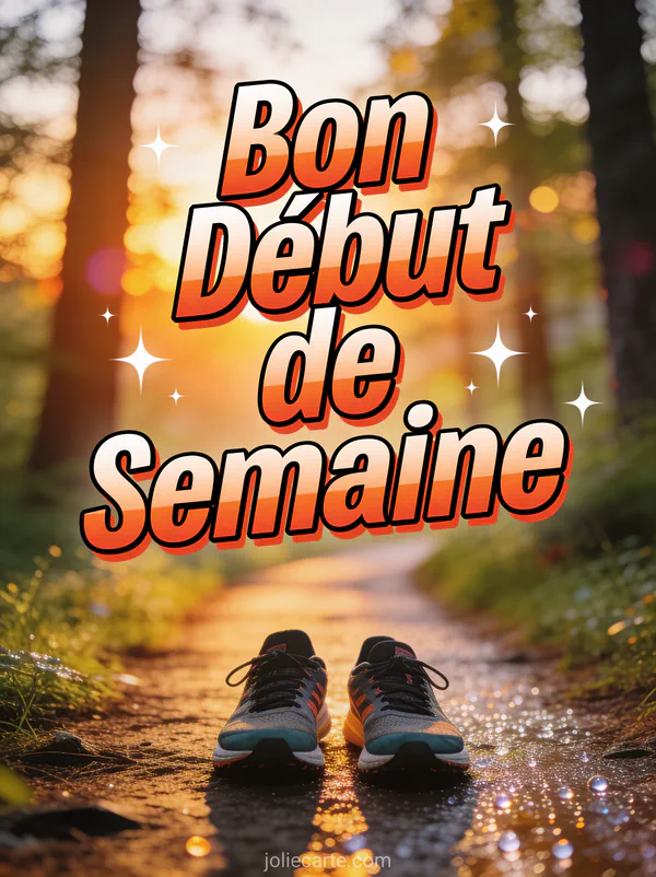 Image bon début de semaine avec chaussures de running sur sentier forestier au lever du soleil