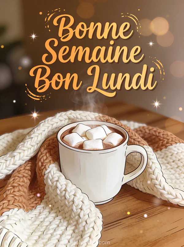 Image bonne semaine bon lundi avec couverture tricotée et chocolat chaud aux guimauves