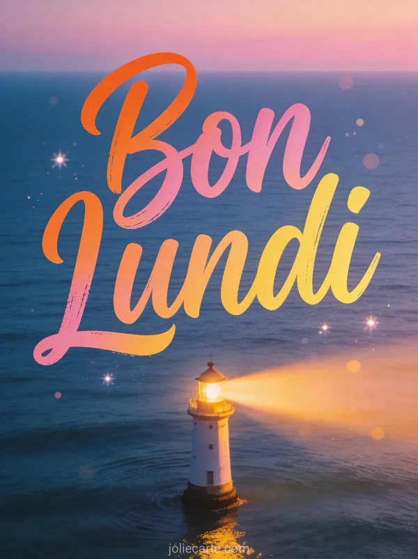 Image lundi citation positive avec phare au lever du soleil sur mer calme