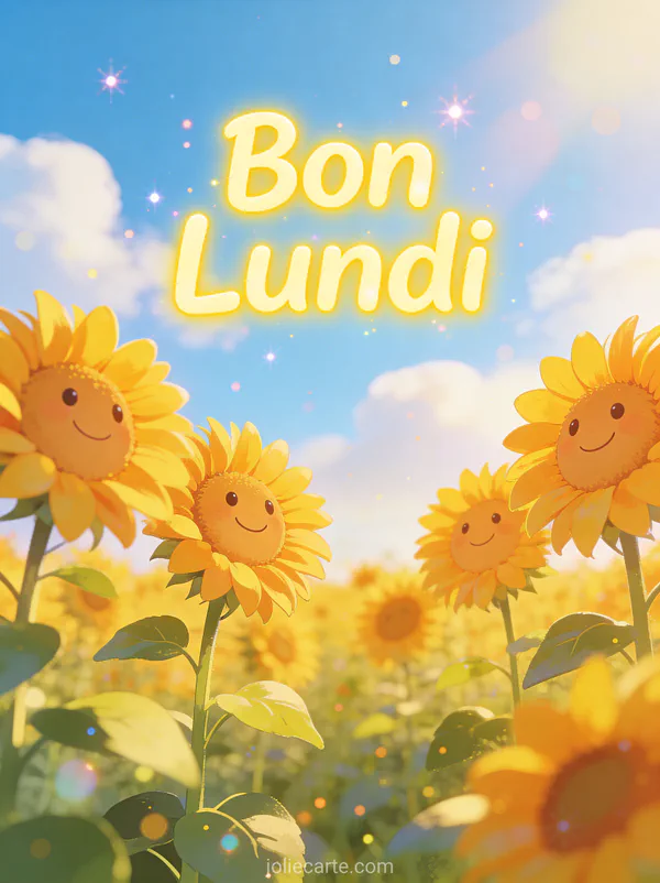 Image positive bon lundi avec champ de tournesols sous ciel bleu et nuages blancs