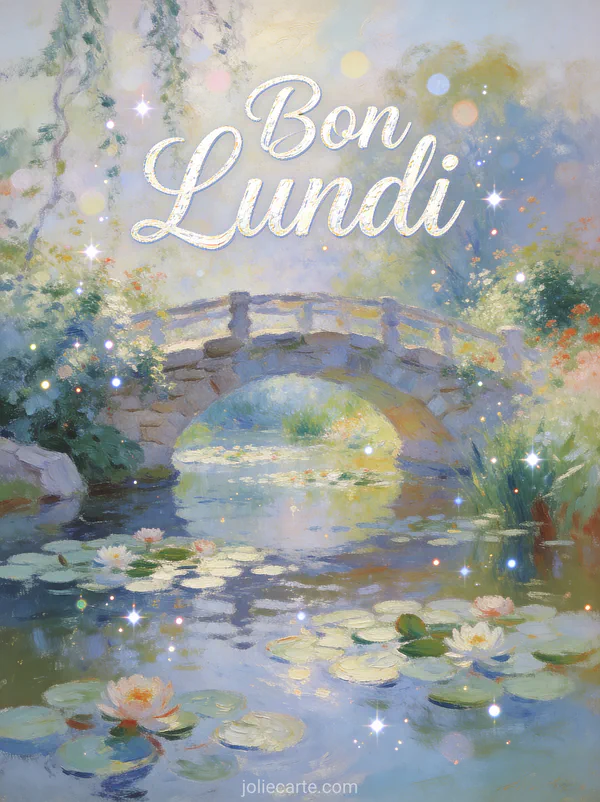 Image bon lundi style impressionniste avec jardin de nénuphars et pont de pierre