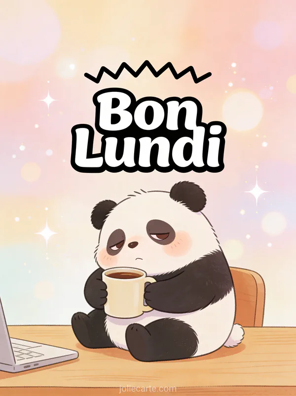 Image lundi motivation humour avec panda fatigué serrant une tasse de café