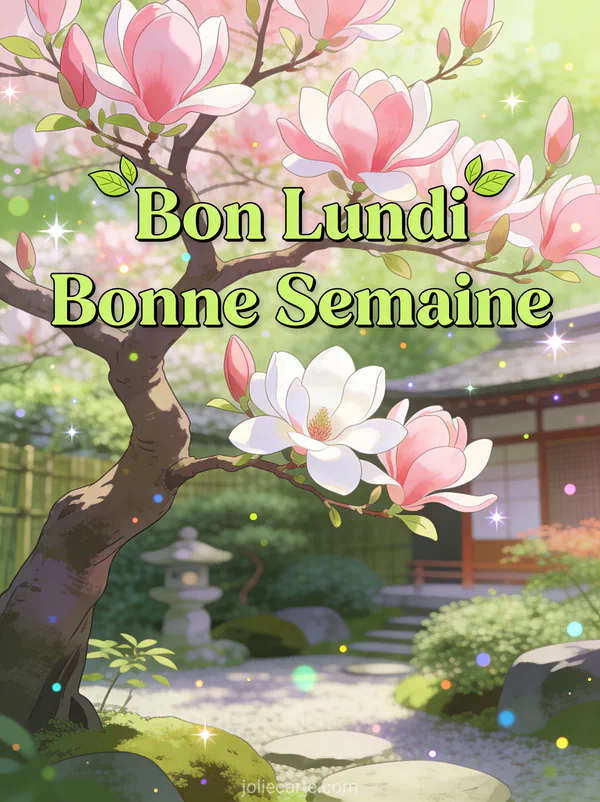 Image bon lundi bonne semaine avec magnolia en fleurs dans jardin japonais au printemps