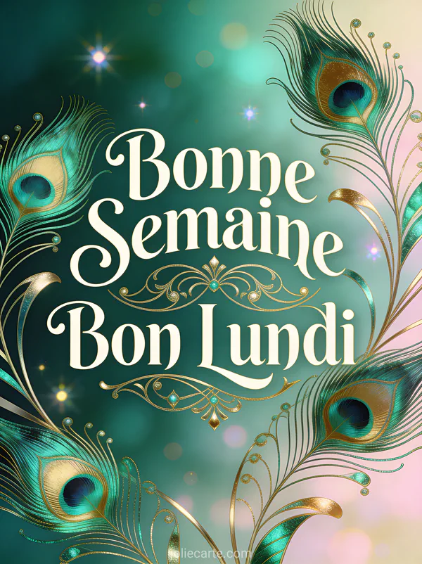 Image bonne semaine bon lundi avec plumes de paon émeraude et or style art déco