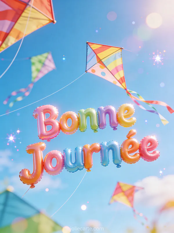 Image bonne journée lundi avec cerfs-volants colorés dans un ciel bleu d'été