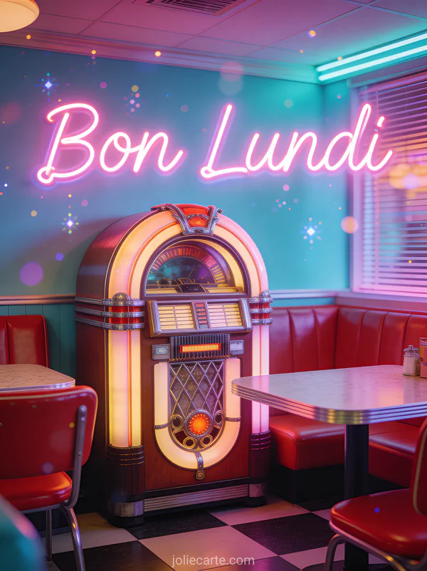 Image animée bon lundi style jukebox rétro années 50 avec néons colorés