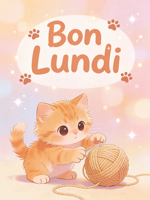Image bon lundi chat avec chaton roux jouant avec une pelote de laine
