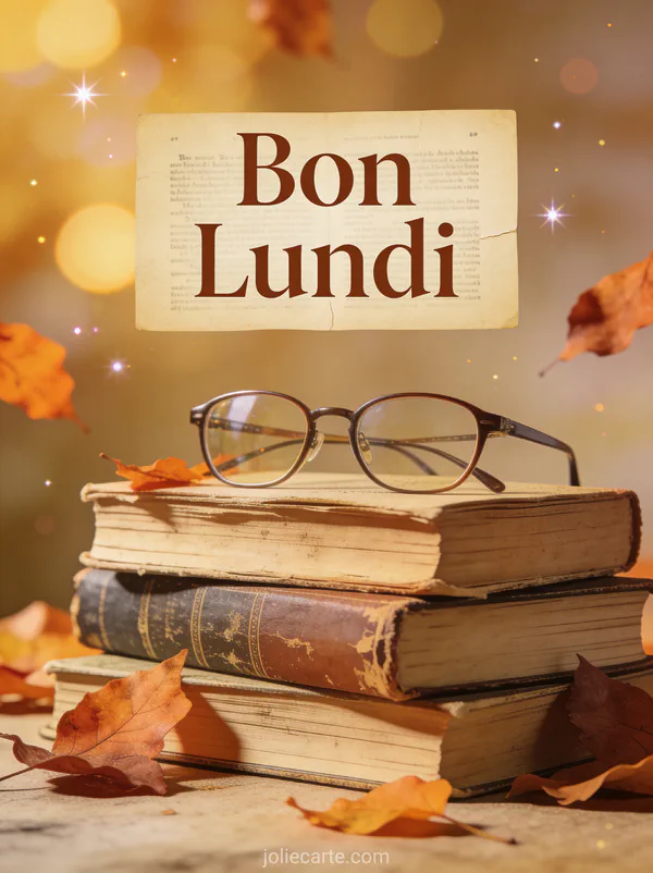 Image bon lundi citation avec pile de livres anciens et lunettes sur feuilles d'automne