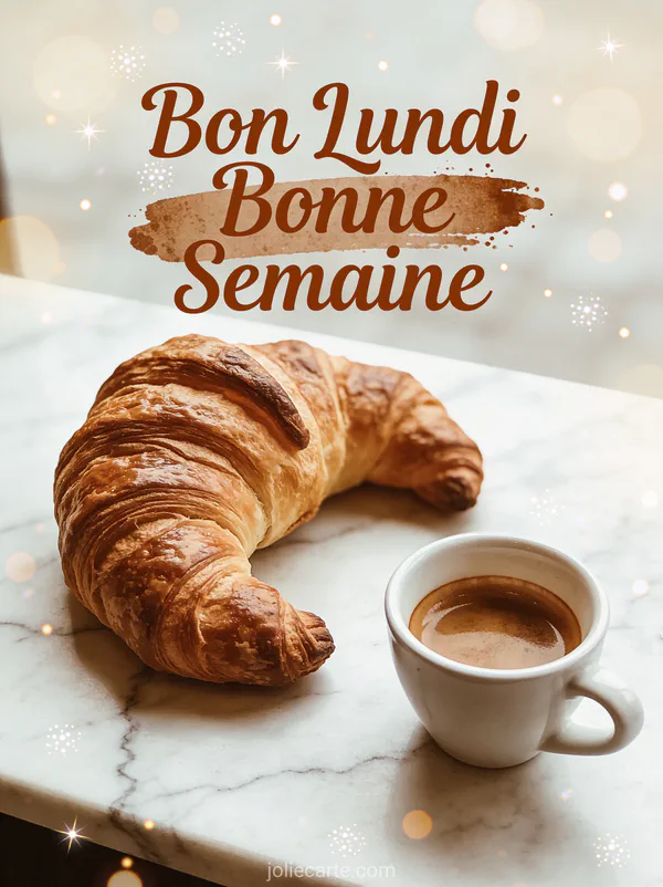 Image café bon lundi bonne semaine avec croissant et espresso sur comptoir de café parisien