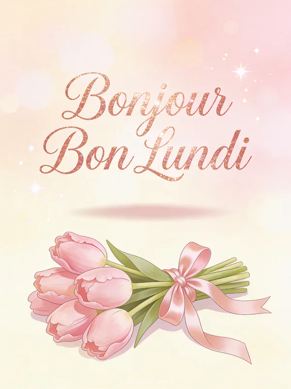Image bonjour bon lundi bisous avec tulipes roses et ruban de satin