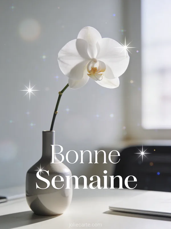 Image lundi bonne semaine minimaliste avec orchidée blanche dans vase épuré sur bureau