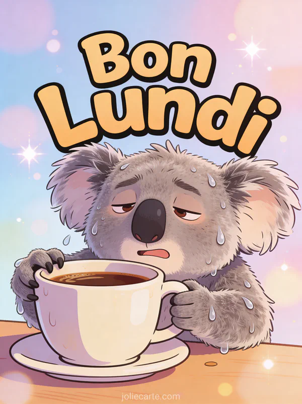 Image humoristique bon lundi avec koala épuisé accroché à une tasse de café