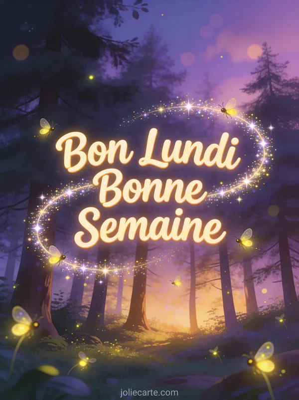 Image animée bon lundi bonne semaine avec lucioles dansantes dans forêt féerique au crépuscule
