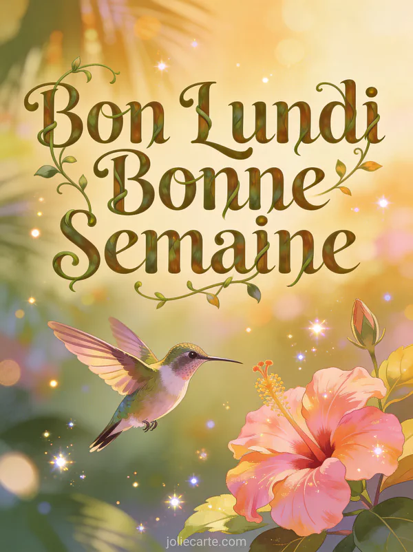 Image bon lundi bonne semaine avec colibri près de fleurs d'hibiscus tropicales