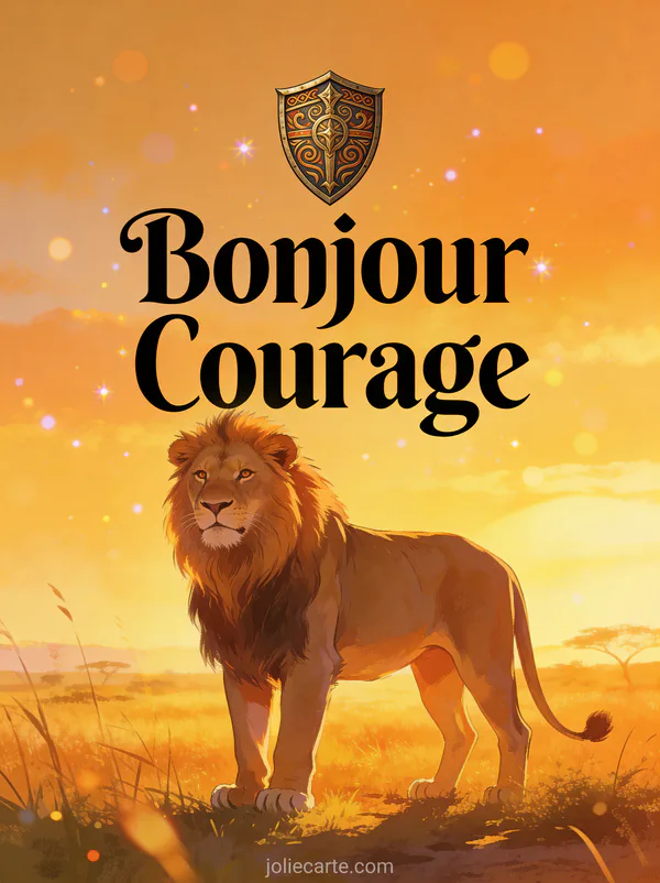 Image bonjour courage bon lundi avec lion majestueux dans savane dorée au lever du soleil