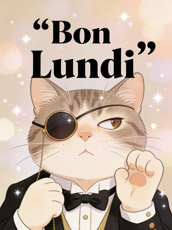 Image humour bon lundi avec chat sophistiqué et monocle air désabusé
