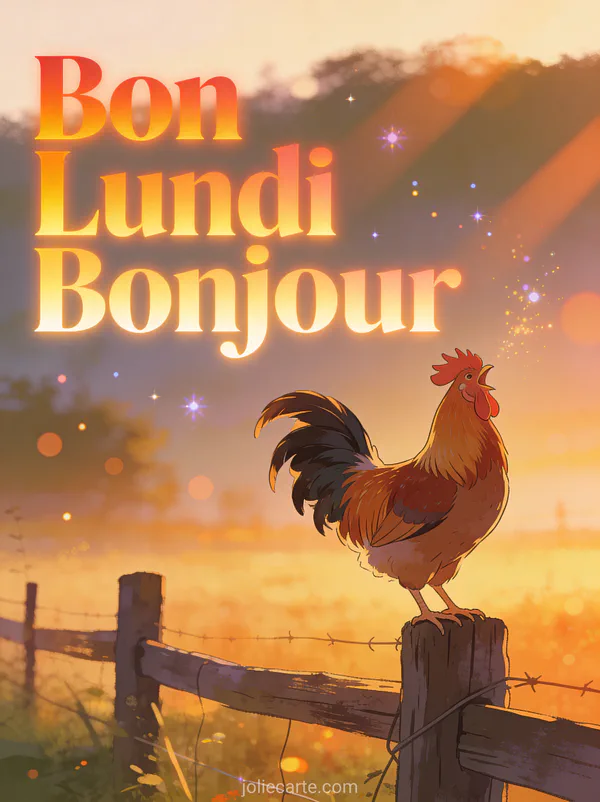 Image bon lundi bonjour bonne semaine avec coq sur clôture de ferme à l'aube
