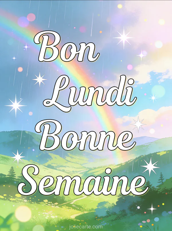 Image positif bon lundi bonne semaine avec arc-en-ciel après la pluie sur vallée verte