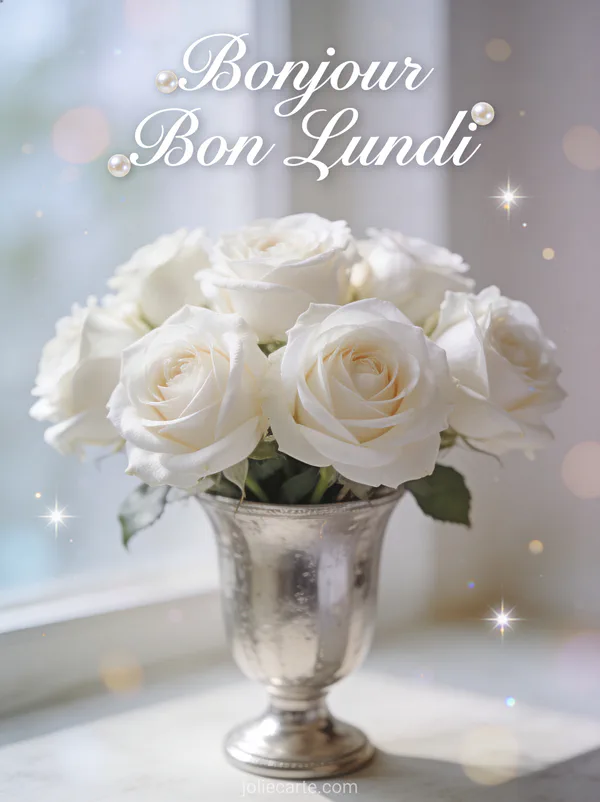 Image bonjour bon lundi bon début de semaine avec roses blanches dans vase argenté