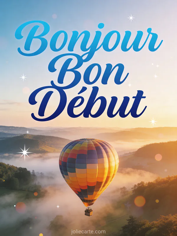 Image bonjour lundi bon début de semaine avec montgolfière au-dessus de vallée brumeuse au lever du soleil