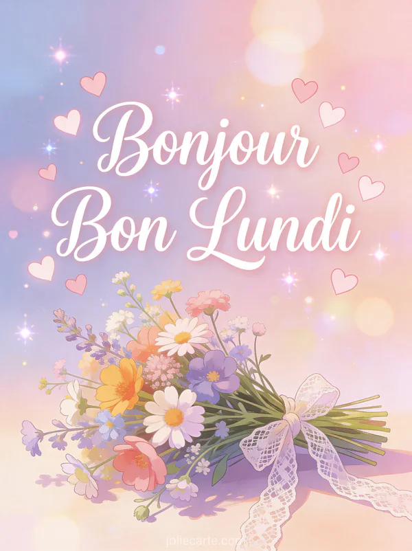 Image bonjour bon lundi bonne semaine bisous avec bouquet de fleurs sauvages et ruban de dentelle