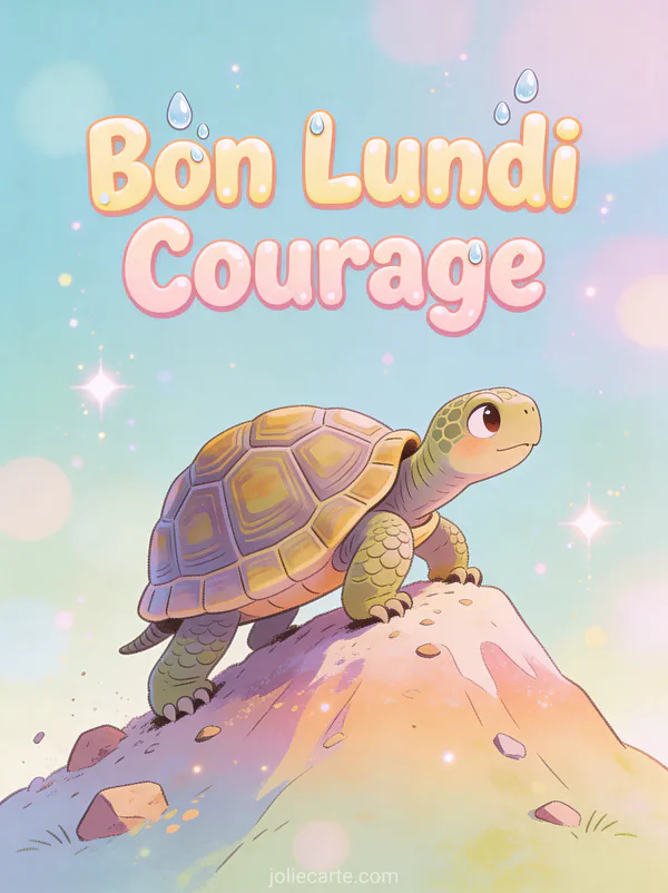 Image humour courage bon lundi avec tortue déterminée escaladant une petite montagne